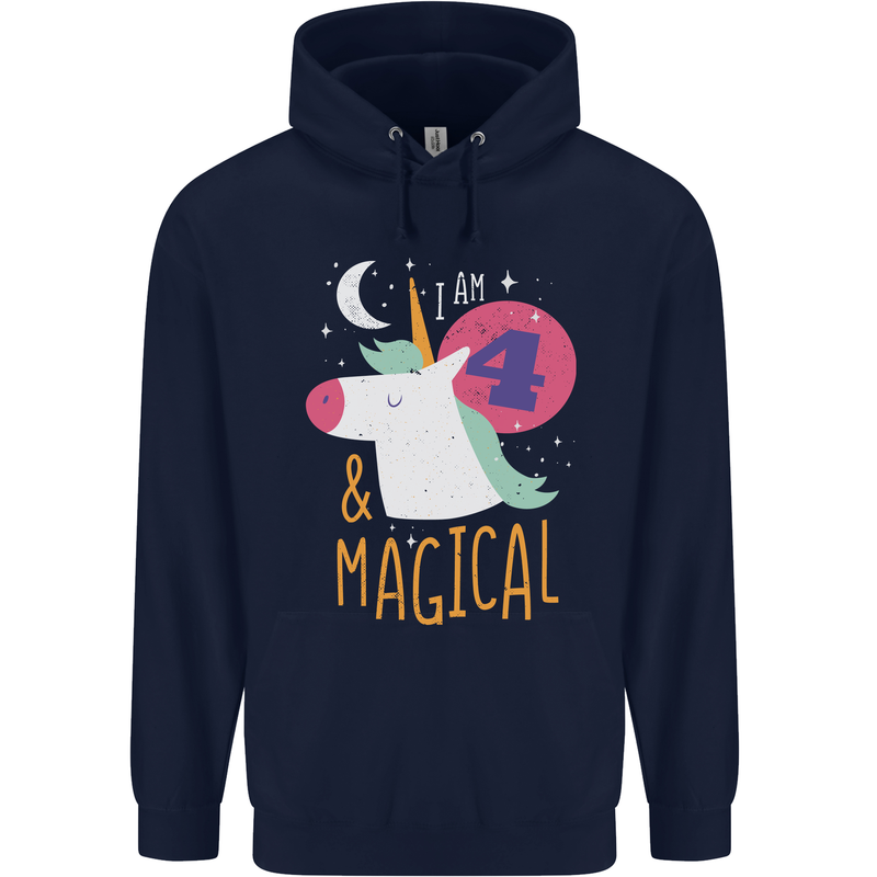 4 Year Old Birthday Girl Magical Unicorn 4th Childrens Kids Hoodie Navy Blue