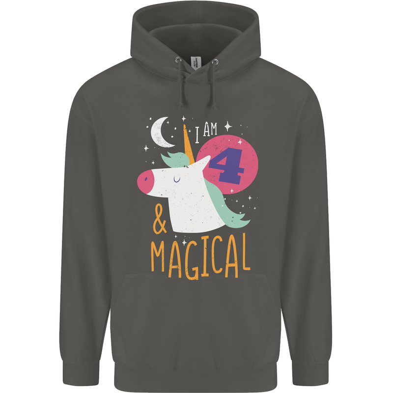 4 Year Old Birthday Girl Magical Unicorn 4th Childrens Kids Hoodie Storm Grey