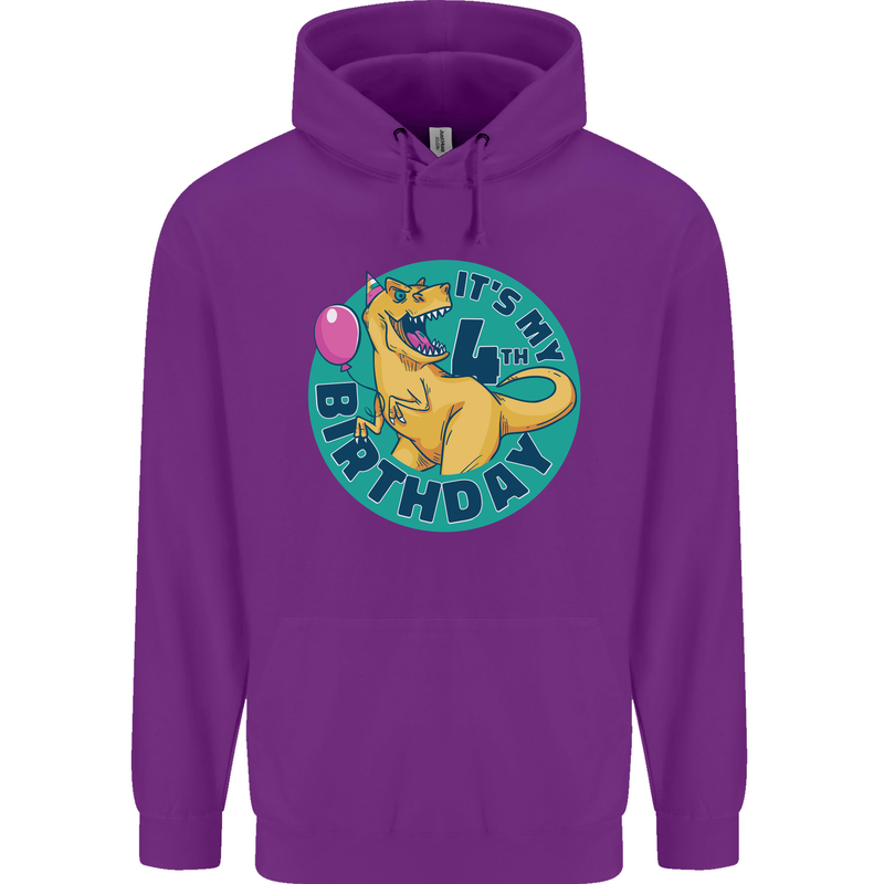 4th Birthday Dinosaur T-Rex 4 Year Old Childrens Kids Hoodie Purple