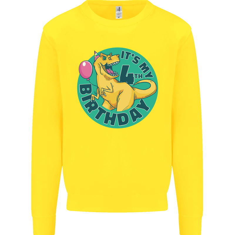 4th Birthday Dinosaur T-Rex 4 Year Old Kids Sweatshirt Jumper Yellow