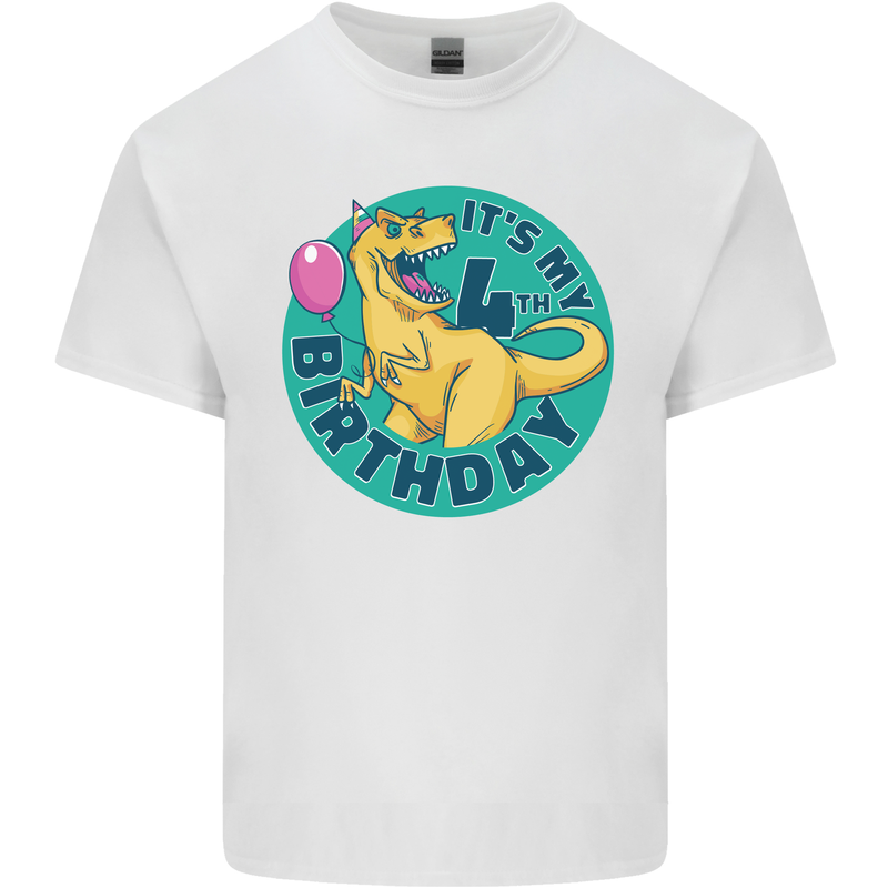 4th Birthday Dinosaur T-Rex 4 Year Old Kids T-Shirt Childrens White