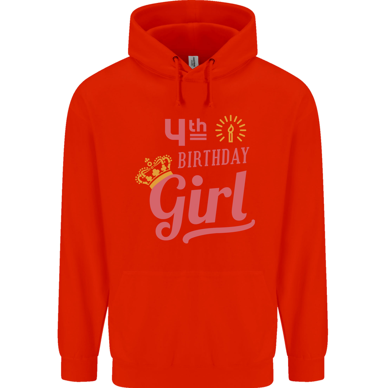 4th Birthday Girl 4 Year Old Princess Childrens Kids Hoodie Bright Red