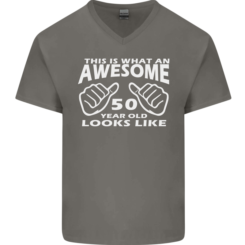 50th Birthday 50 Year Old This Is What Mens V-Neck Cotton T-Shirt Charcoal