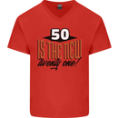 50th Birthday 50 is the New 21 Funny Mens V-Neck Cotton T-Shirt Red