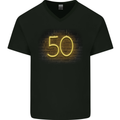50th Birthday Neon Lights 50 Year Old Mens V-Neck Cotton T-Shirt Black