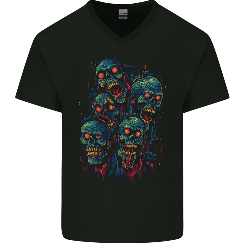 5 Zombie Skulls Halloween Mens V-Neck Cotton T-Shirt Black