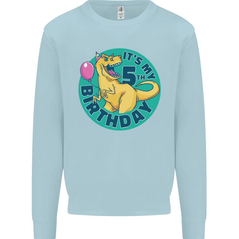 5th Birthday Dinosaur T-Rex 5 Year Old Kids Sweatshirt Jumper Light Blue