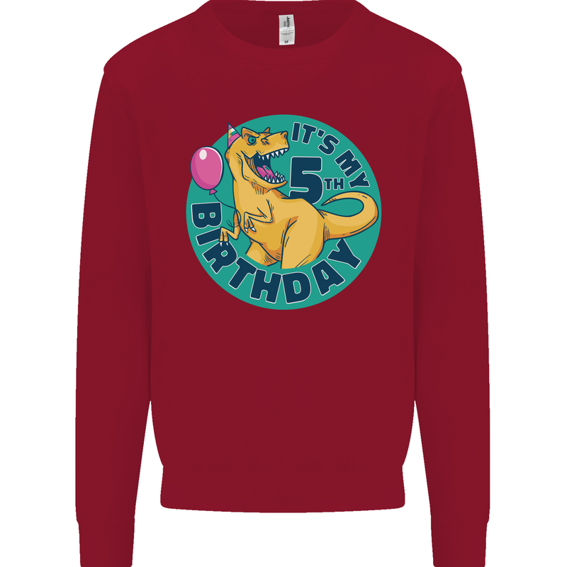 5th Birthday Dinosaur T-Rex 5 Year Old Kids Sweatshirt Jumper Red