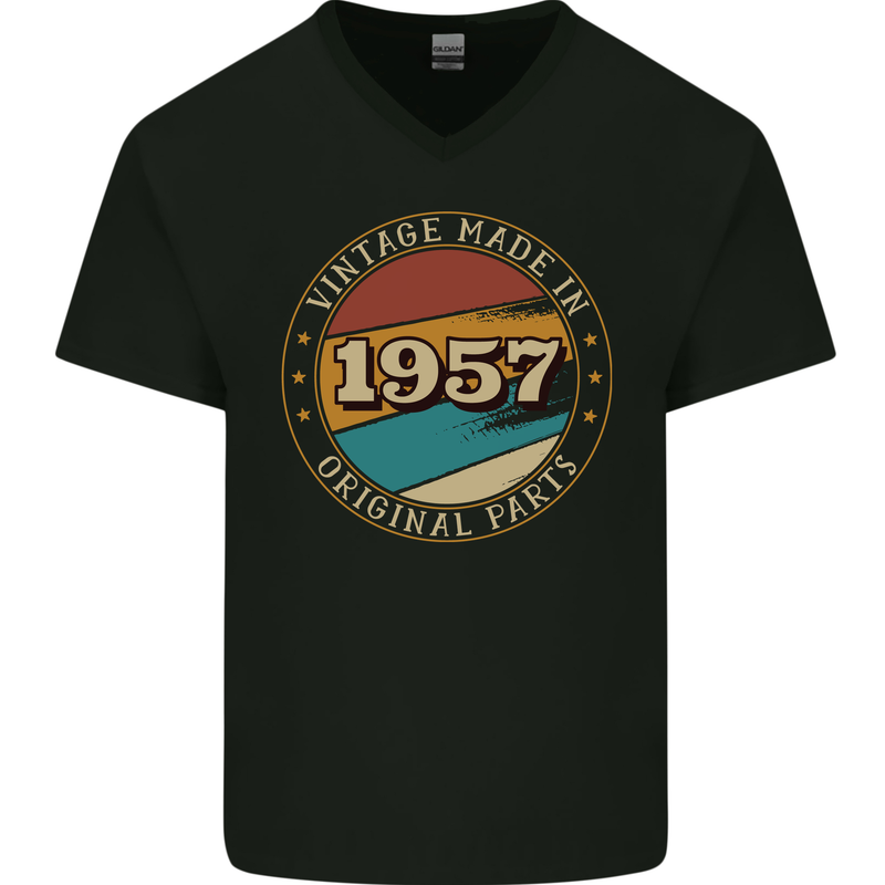 66th Birthday  Vintage Made In 1957 Mens V-Neck Cotton T-Shirt Black