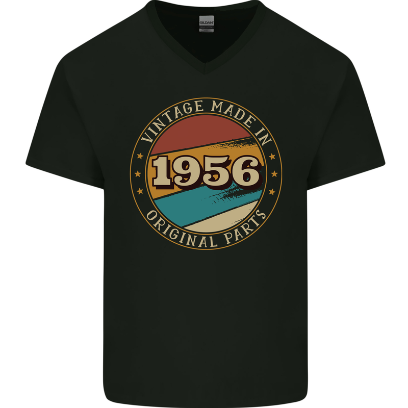 67th Birthday  Vintage Made In 1956 Mens V-Neck Cotton T-Shirt Black