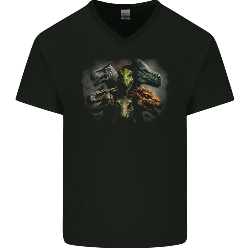 6 Dinosaur Collage T-Rex Raptor Dragons Mens V-Neck Cotton T-Shirt Black