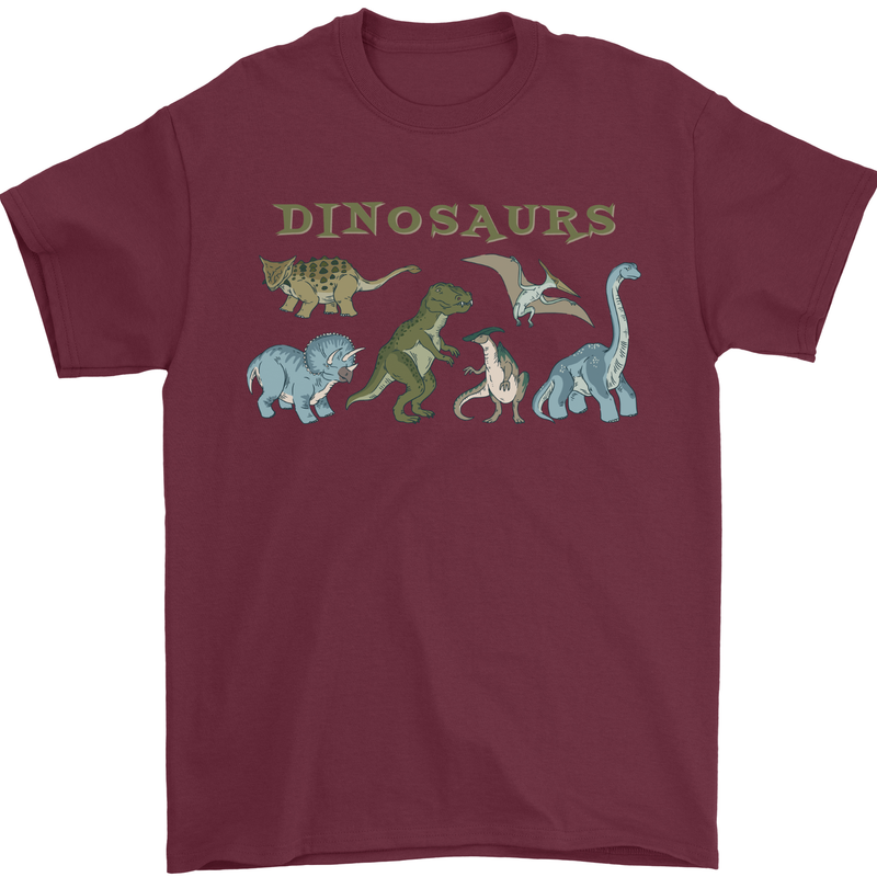 6 Dinosaurs Mens T-Shirt 100% Cotton Maroon