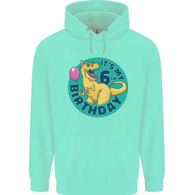 6th Birthday Dinosaur T-Rex 6 Year Old Childrens Kids Hoodie Peppermint