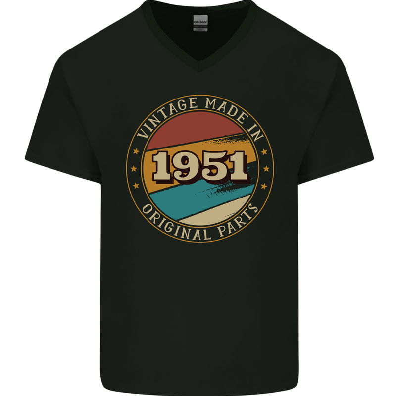 72nd Birthday  Vintage Made In 1951 Mens V-Neck Cotton T-Shirt Black