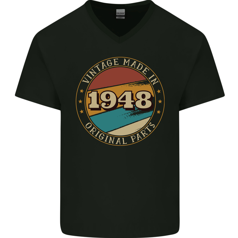 75th Birthday  Vintage Made In 1948 Mens V-Neck Cotton T-Shirt Black