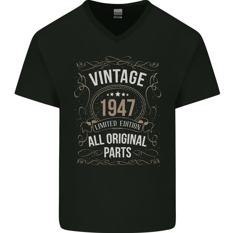 76th Birthday Limited Edition 1947 Mens V-Neck Cotton T-Shirt Black