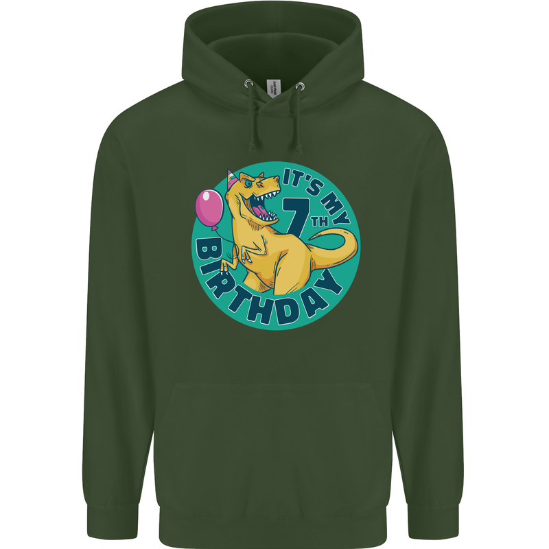 7th Birthday Dinosaur T-Rex 7 Year Old Childrens Kids Hoodie Forest Green
