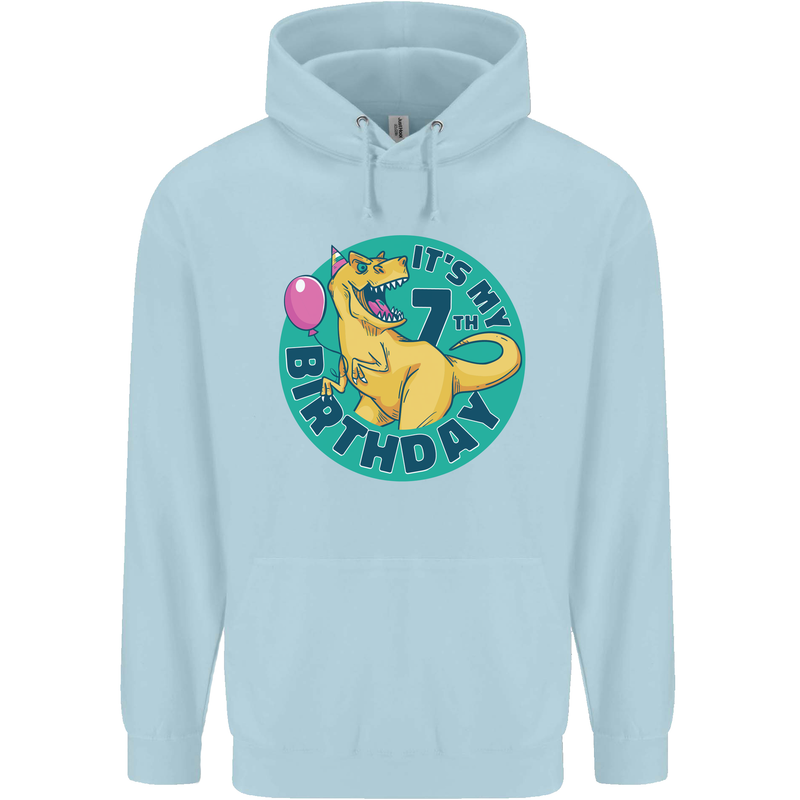 7th Birthday Dinosaur T-Rex 7 Year Old Childrens Kids Hoodie Light Blue