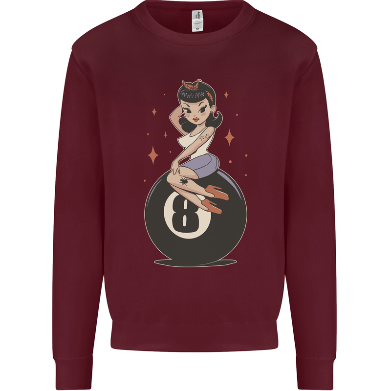 8-Ball Pinup Pool Kids Sweatshirt Jumper Maroon