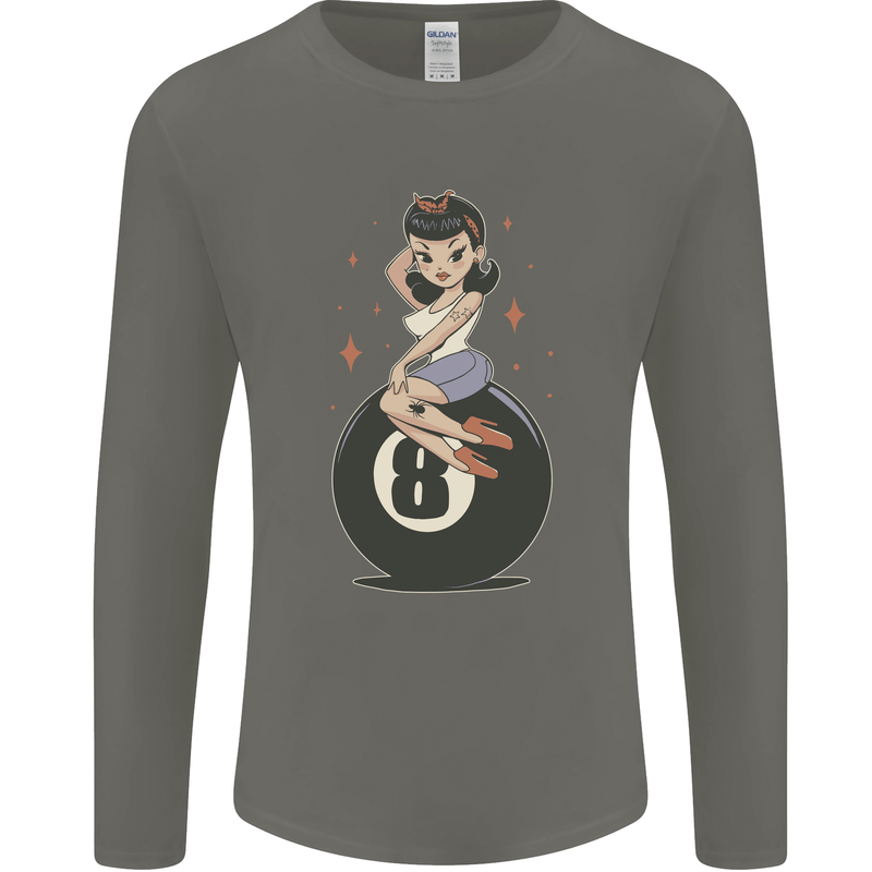 8-Ball Pinup Pool Mens Long Sleeve T-Shirt Charcoal