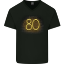 80th Birthday Neon Lights 80 Year Old Mens V-Neck Cotton T-Shirt Black