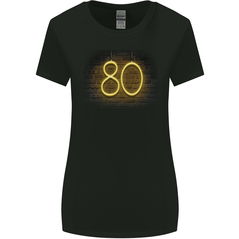 80th Birthday Neon Lights 80 Year Old Womens Wider Cut T-Shirt Black