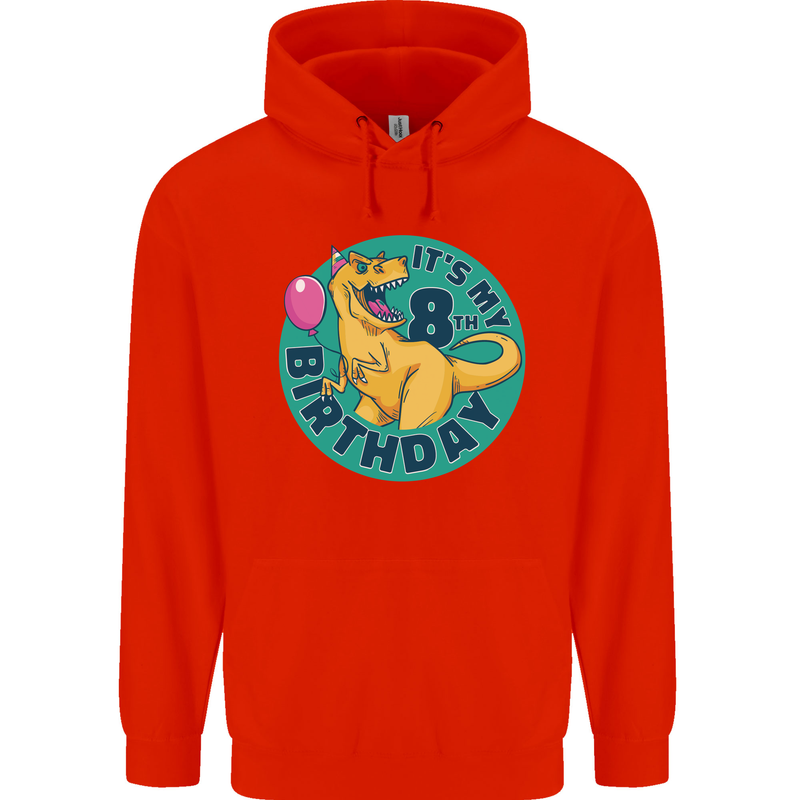 8th Birthday Dinosaur T-Rex 8 Year Old Childrens Kids Hoodie Bright Red