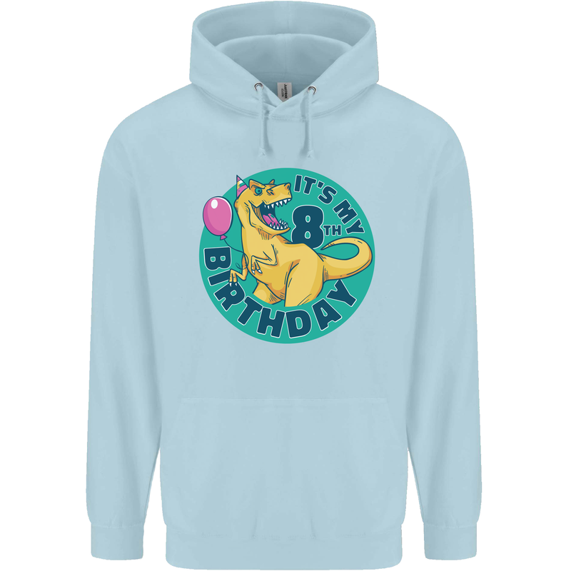 8th Birthday Dinosaur T-Rex 8 Year Old Childrens Kids Hoodie Light Blue