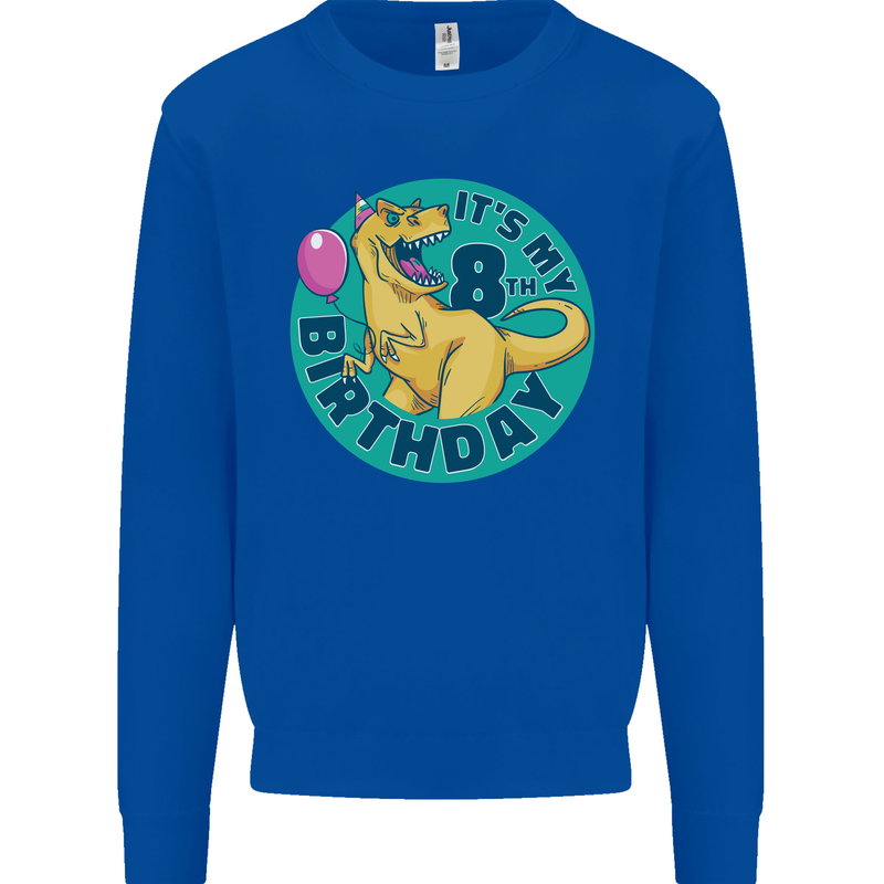 8th Birthday Dinosaur T-Rex 8 Year Old Kids Sweatshirt Jumper Royal Blue