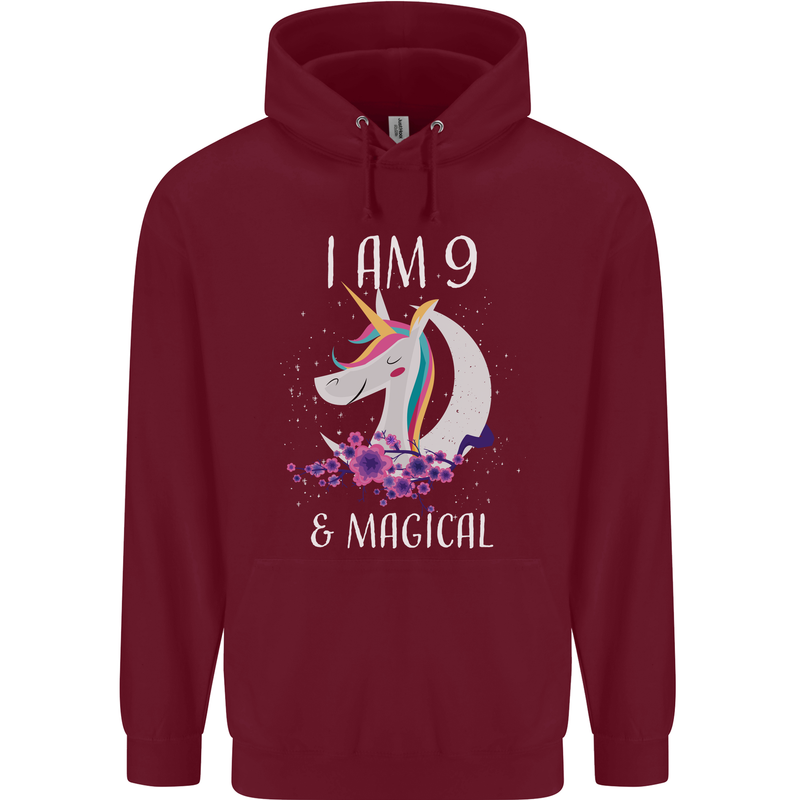 9 Year Old Birthday Magical Unicorn 9th Childrens Kids Hoodie Maroon
