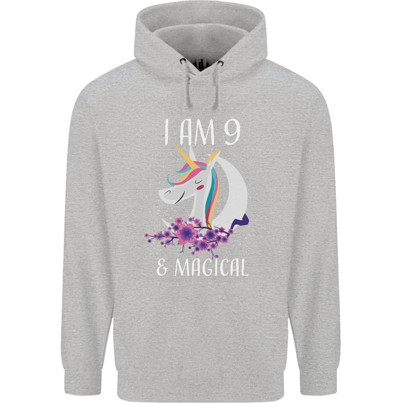 9 Year Old Birthday Magical Unicorn 9th Childrens Kids Hoodie Sports Grey
