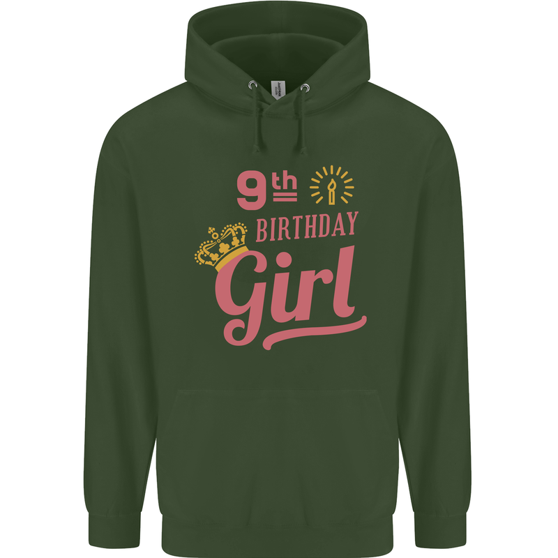 9th Birthday Girl 9 Year Old Princess Childrens Kids Hoodie Forest Green