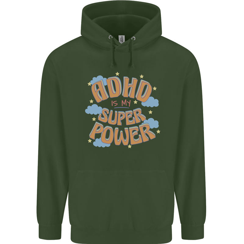 ADHD is My Superpower Mens 80% Cotton Hoodie Forest Green