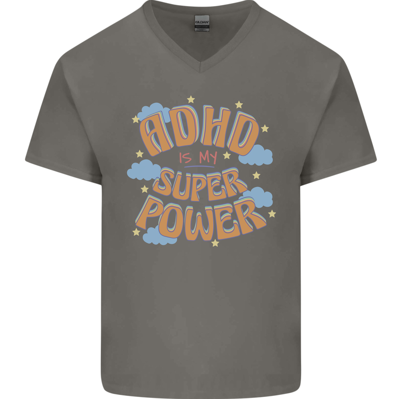 ADHD is My Superpower Mens V-Neck Cotton T-Shirt Charcoal