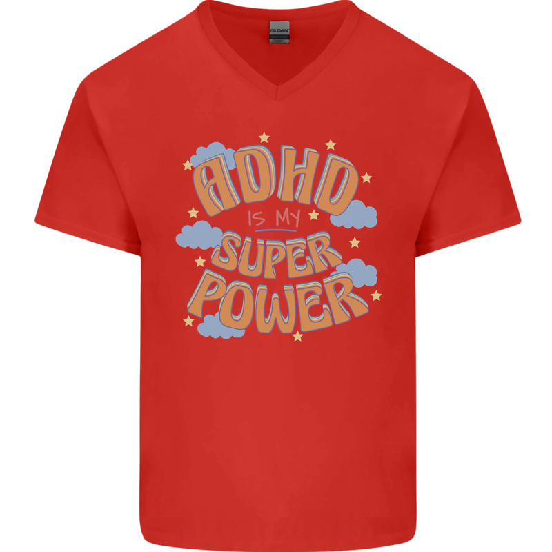 ADHD is My Superpower Mens V-Neck Cotton T-Shirt Red