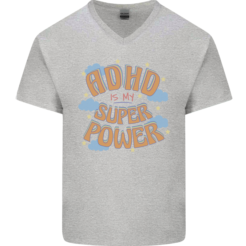 ADHD is My Superpower Mens V-Neck Cotton T-Shirt Sports Grey