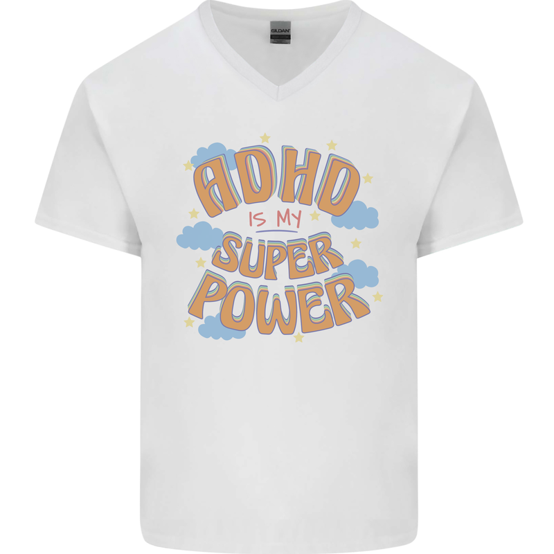 ADHD is My Superpower Mens V-Neck Cotton T-Shirt White