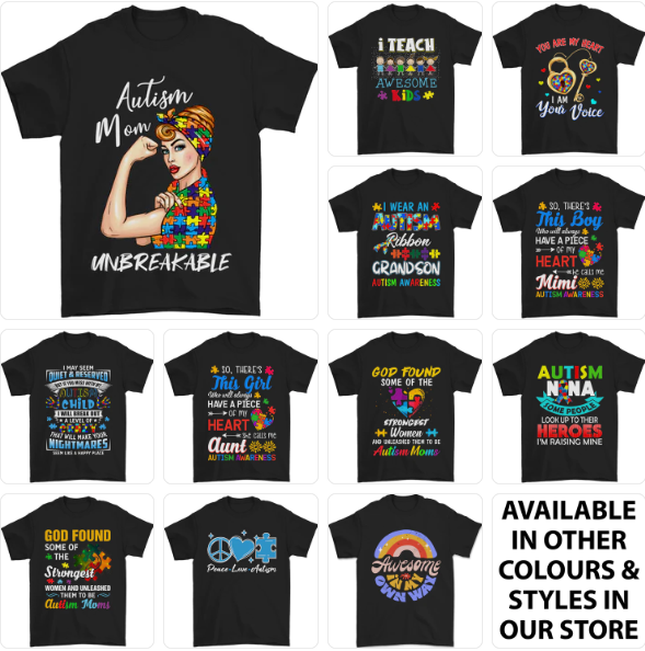 a group of t - shirts with the words autism and a woman's face