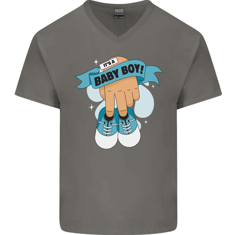 A Baby Boy Gender Reveal Christening Pregnancy Mens V-Neck Cotton T-Shirt Charcoal