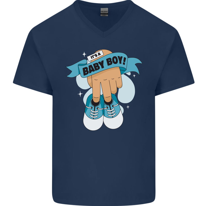 A Baby Boy Gender Reveal Christening Pregnancy Mens V-Neck Cotton T-Shirt Navy Blue