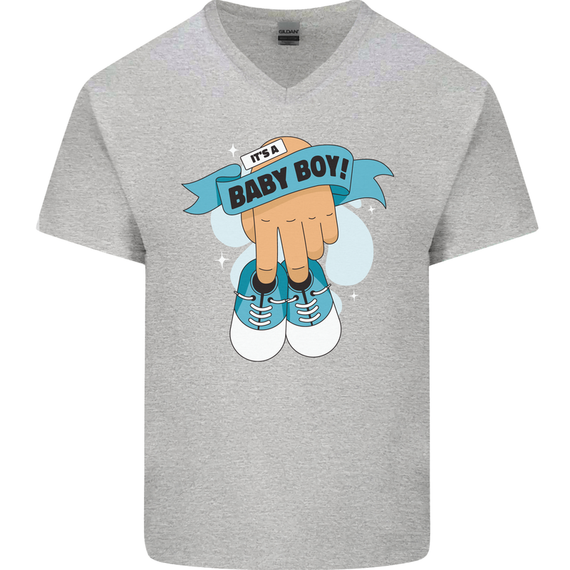 A Baby Boy Gender Reveal Christening Pregnancy Mens V-Neck Cotton T-Shirt Sports Grey