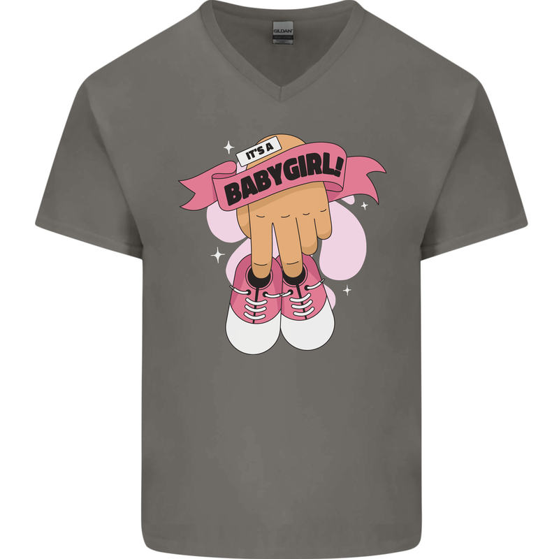 A Baby Girl Gender Reveal Christening Pregnancy Mens V-Neck Cotton T-Shirt Charcoal