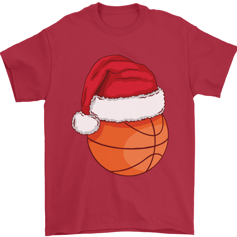 A Basketball Wearing a Christmas Hat Xmas Mens T-Shirt 100% Cotton Red
