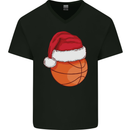 A Basketball Wearing a Christmas Hat Xmas Mens V-Neck Cotton T-Shirt Black