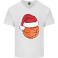 A Basketball Wearing a Christmas Hat Xmas Mens V-Neck Cotton T-Shirt White