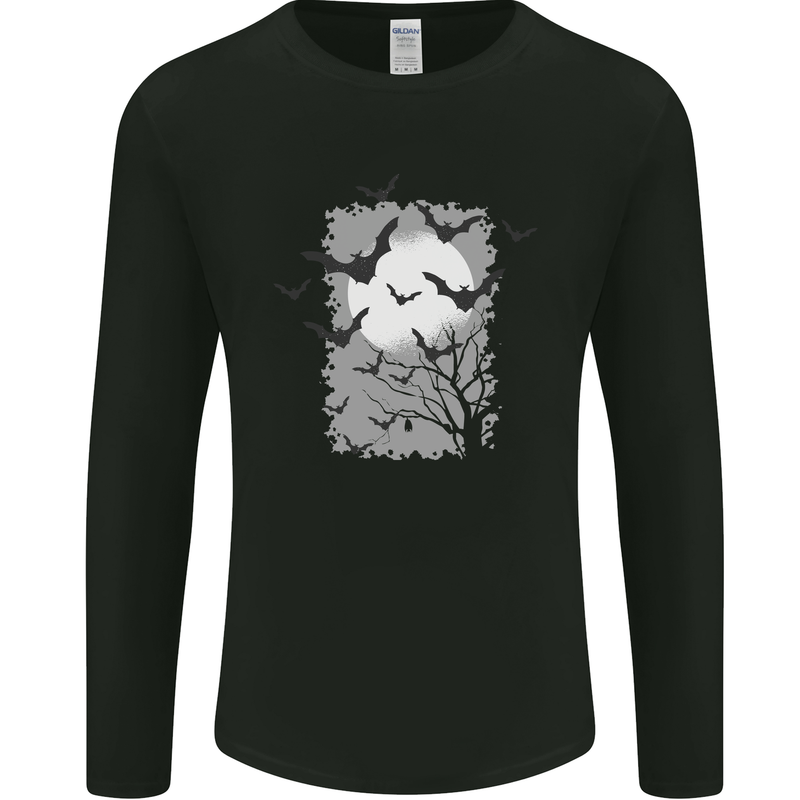 A Bat Landscape with a Full Moon Halloween Mens Long Sleeve T-Shirt Black
