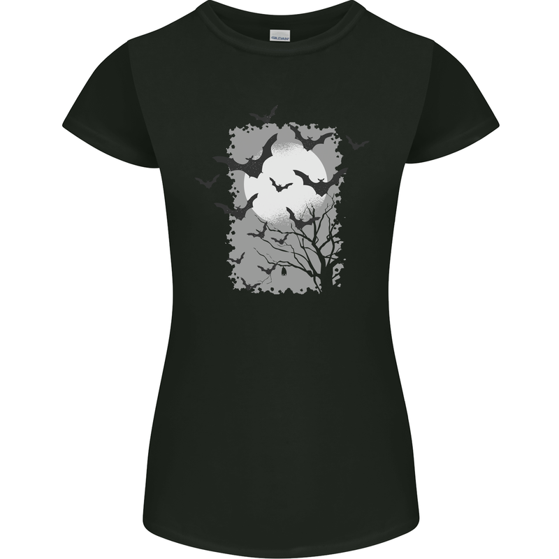 A Bat Landscape with a Full Moon Halloween Womens Petite Cut T-Shirt Black