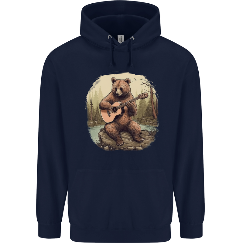 A Bear Playing a Ukulele Acoustic Guitar Mens 80% Cotton Hoodie Navy Blue