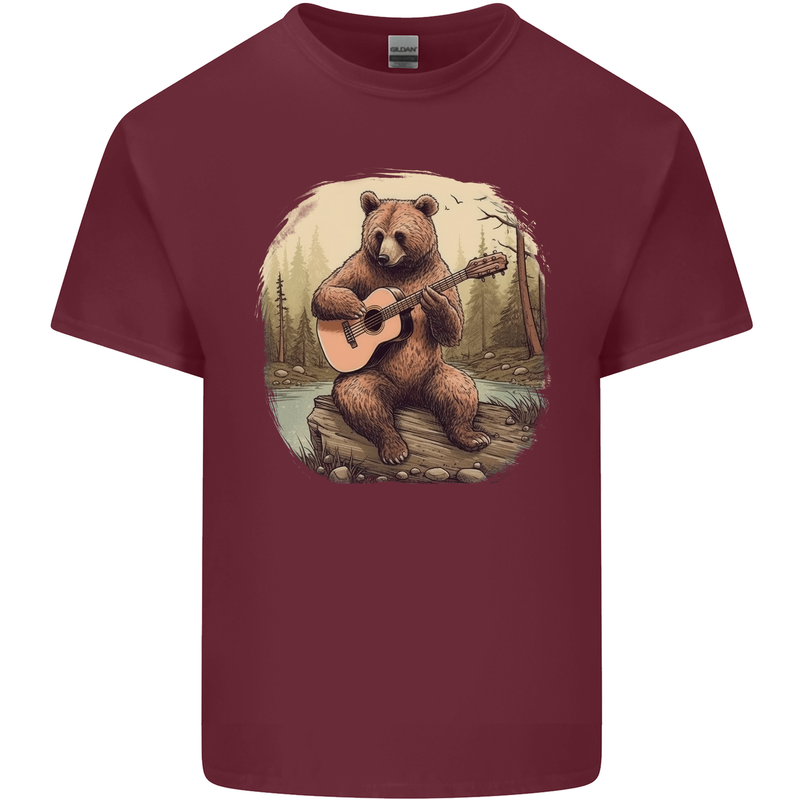 A Bear Playing a Ukulele Acoustic Guitar Mens Cotton T-Shirt Tee Top Maroon