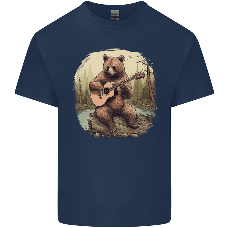 A Bear Playing a Ukulele Acoustic Guitar Mens Cotton T-Shirt Tee Top Navy Blue